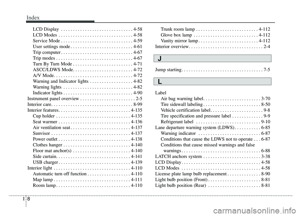 KIA OPTIMA PHEV 2018 Owners Manual Index
8I
LCD Display . . . . . . . . . . . . . . . . . . . . . . . . . . . . . . 4-58
LCD Modes . . . . . . . . . . . . . . . . . . . . . . . . . . . . . . . 4-58
Service Mode . . . . . . . . . . . . KIA OPTIMA PHEV 2018 Owners Manual Index
8I
LCD Display . . . . . . . . . . . . . . . . . . . . . . . . . . . . . . 4-58
LCD Modes . . . . . . . . . . . . . . . . . . . . . . . . . . . . . . . 4-58
Service Mode . . . . . . . . . . . .