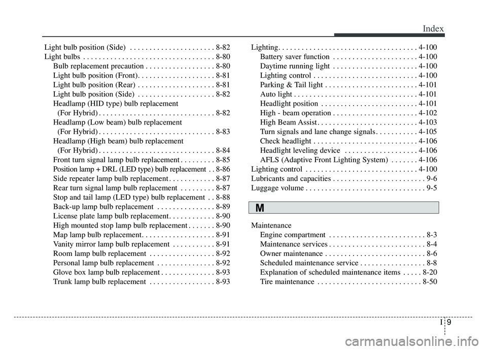 KIA OPTIMA PHEV 2018 Owners Manual I9
Index
Light bulb position (Side) . . . . . . . . . . . . . . . . . . . . . . 8-82
Light bulbs . . . . . . . . . . . . . . . . . . . . . . . . . . . . . . . . . . 8-80\
Bulb replacement precaution KIA OPTIMA PHEV 2018 Owners Manual I9
Index
Light bulb position (Side) . . . . . . . . . . . . . . . . . . . . . . 8-82
Light bulbs . . . . . . . . . . . . . . . . . . . . . . . . . . . . . . . . . . 8-80\
Bulb replacement precaution