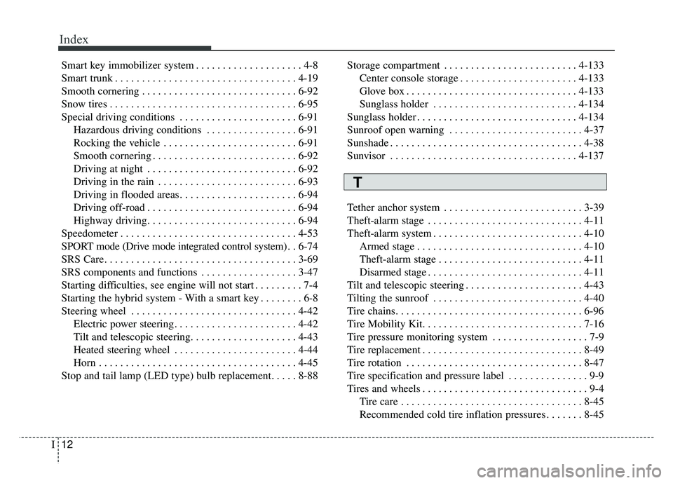 KIA OPTIMA PHEV 2018  Owners Manual Index
12I
Smart key immobilizer system . . . . . . . . . . . . . . . . . . . . 4-8
Smart trunk . . . . . . . . . . . . . . . . . . . . . . . . . . . . . . . . . . 4-19\
Smooth cornering . . . . . . .