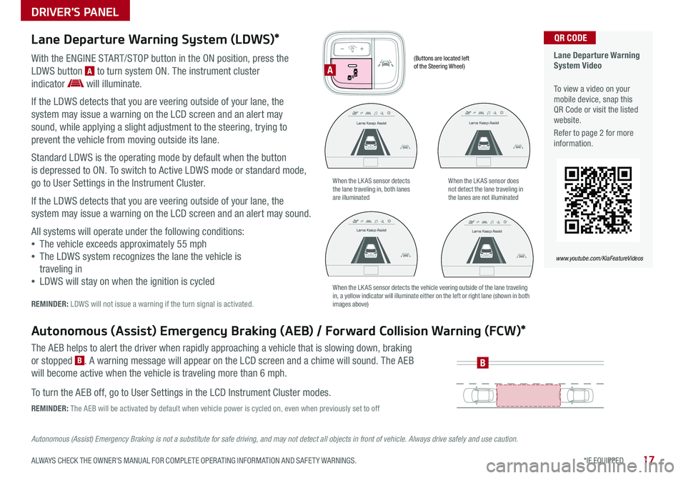 KIA OPTIMA PHEV 2018  Features and Functions Guide 17*IF EQUIPPED ALWAYS CHECK THE OWNER’S MANUAL FOR COMPLETE OPER ATING INFORMATION AND SAFET Y WARNINGS .
DRIVER'S PANEL
Lane Departure Warning System (LDWS)*
With the ENGINE START/STOP button i