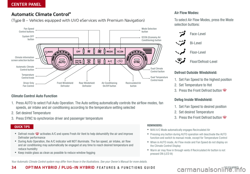 KIA OPTIMA PHEV 2018  Features and Functions Guide 34*IF EQUIPPED OPTIMA HYBRID / PLUG-IN HYBRID  FEATURES & FUNCTIONS GUIDE
CLIMATE
A/C
OFFDRIVER
ONLY
MODE
ECON
REA RFRON T
CLIMA TE
A/C
OFFDRIVER
ONLY
MODE
ECON
REA RFRON T
Fan Speed Control buttons
T