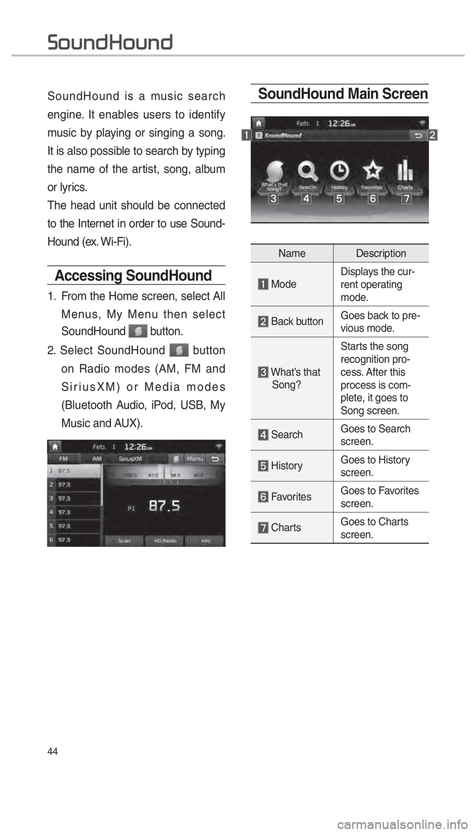 KIA OPTIMA PHEV 2018  Navigation System Quick Reference Guide 44
SoundHound Main Screen
Name Description
 ModeDisplays the cur-
rent operating 
mode.
 Back button
Goes back to pre-
vious mode.
 What’s that 
Song?  Starts the song 
recognition pro-
cess. After 