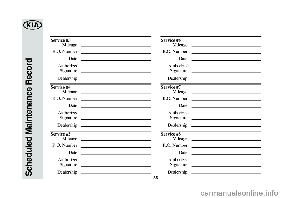 KIA OPTIMA PHEV 2018  Warranty and Consumer Information Guide Scheduled Maintenance Record36
Service #3
Mileage:
R.O. Number:
Date:
Authorized
Signature:
Dealership:
Service #4
Mileage:
R.O. Number:
Date:
Authorized
Signature:
Dealership:
Service #5
Mileage:
R.O