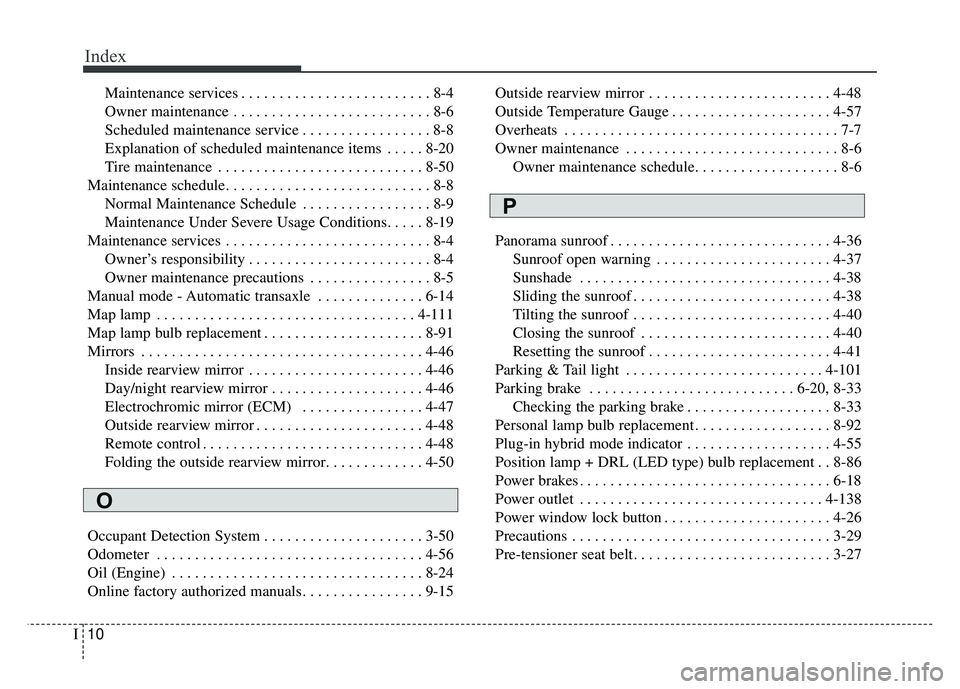 KIA OPTIMA PHEV 2017  Owners Manual Index
10I
Maintenance services . . . . . . . . . . . . . . . . . . . . . . . . . 8-4
Owner maintenance . . . . . . . . . . . . . . . . . . . . . . . . . . 8-6
Scheduled maintenance service . . . . . .