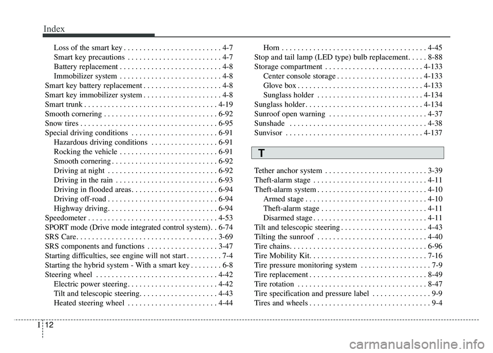 KIA OPTIMA PHEV 2017 Owners Manual Index
12I
Loss of the smart key . . . . . . . . . . . . . . . . . . . . . . . . . 4-7
Smart key precautions . . . . . . . . . . . . . . . . . . . . . . . . 4-7
Battery replacement . . . . . . . . . . KIA OPTIMA PHEV 2017 Owners Manual Index
12I
Loss of the smart key . . . . . . . . . . . . . . . . . . . . . . . . . 4-7
Smart key precautions . . . . . . . . . . . . . . . . . . . . . . . . 4-7
Battery replacement . . . . . . . . . .