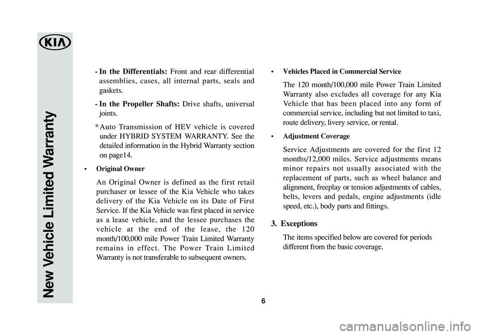 KIA OPTIMA PHEV 2017  Warranty and Consumer Information Guide -In the Differentials:Front and rear differential
assemblies, cases, all internal parts, seals and
gaskets.
-In the Propeller Shafts:Drive shafts, universal
joints.
*Auto Transmission of HEV vehicle i