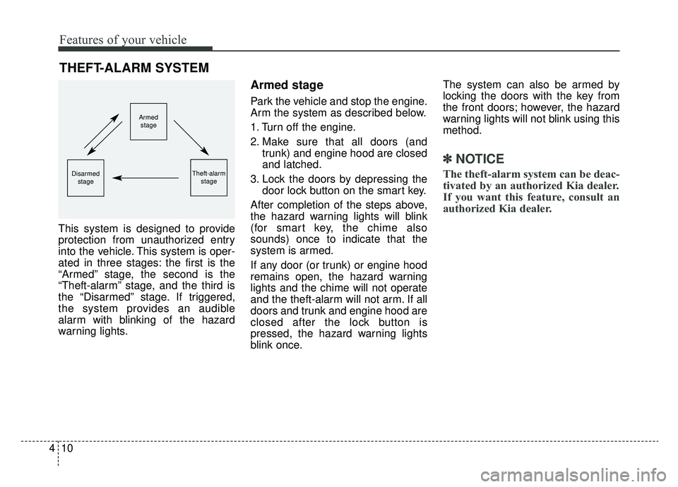 KIA OPTIMA HYBRID 2020  Owners Manual Features of your vehicle
10
4
This system is designed to provide
protection from unauthorized entry
into the vehicle. This system is oper-
ated in three stages: the first is the
“Armed” stage, the