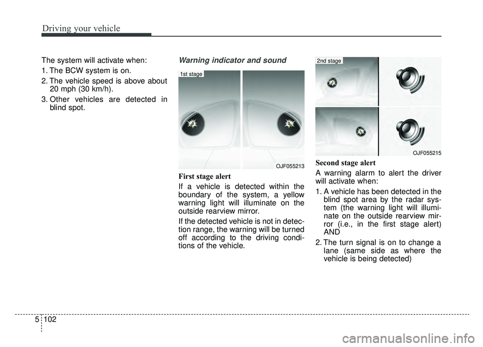 KIA OPTIMA HYBRID 2020  Owners Manual Driving your vehicle
102
5
The system will activate when:
1. The BCW system is on.
2. The vehicle speed is above about
20 mph (30 km/h).
3. Other vehicles are detected in blind spot.Warning indicator 