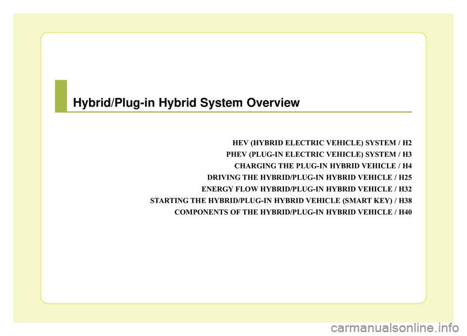 KIA OPTIMA HYBRID 2020  Owners Manual HEV (HYBRID ELECTRIC VEHICLE) SYSTEM / H2
PHEV (PLUG-IN ELECTRIC VEHICLE) SYSTEM / H3 CHARGING THE PLUG-IN HYBRID VEHICLE / H4
DRIVING THE HYBRID/PLUG-IN HYBRID VEHICLE / H25
ENERGY FLOW HYBRID/PLUG-I