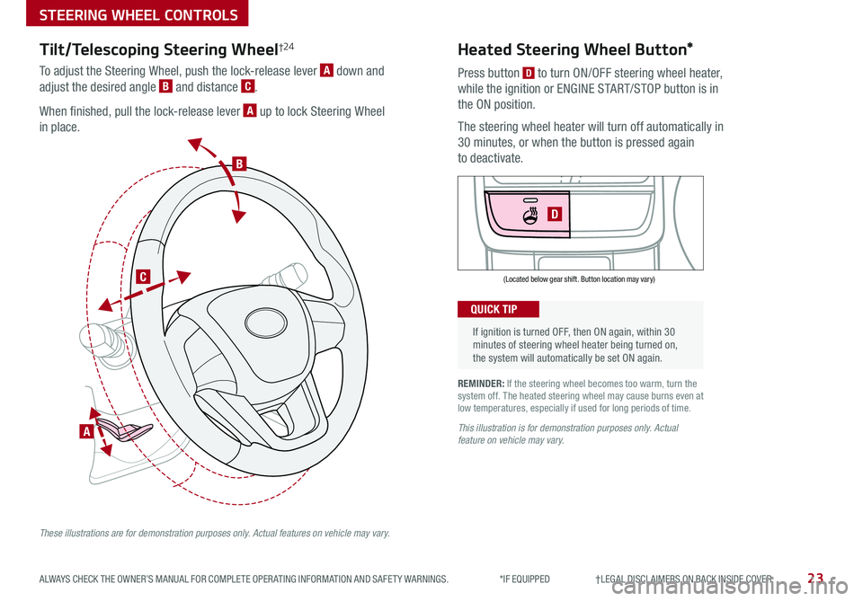 KIA OPTIMA HYBRID 2020  Features and Functions Guide 23ALWAYS CHECK THE OWNER’S MANUAL FOR COMPLETE OPER ATING INFORMATION AND SAFET Y WARNINGS .  *IF EQUIPPED                     †LEGAL DISCL AIMERS ON BACK INSIDE COVER
   
If ignition is turned OF