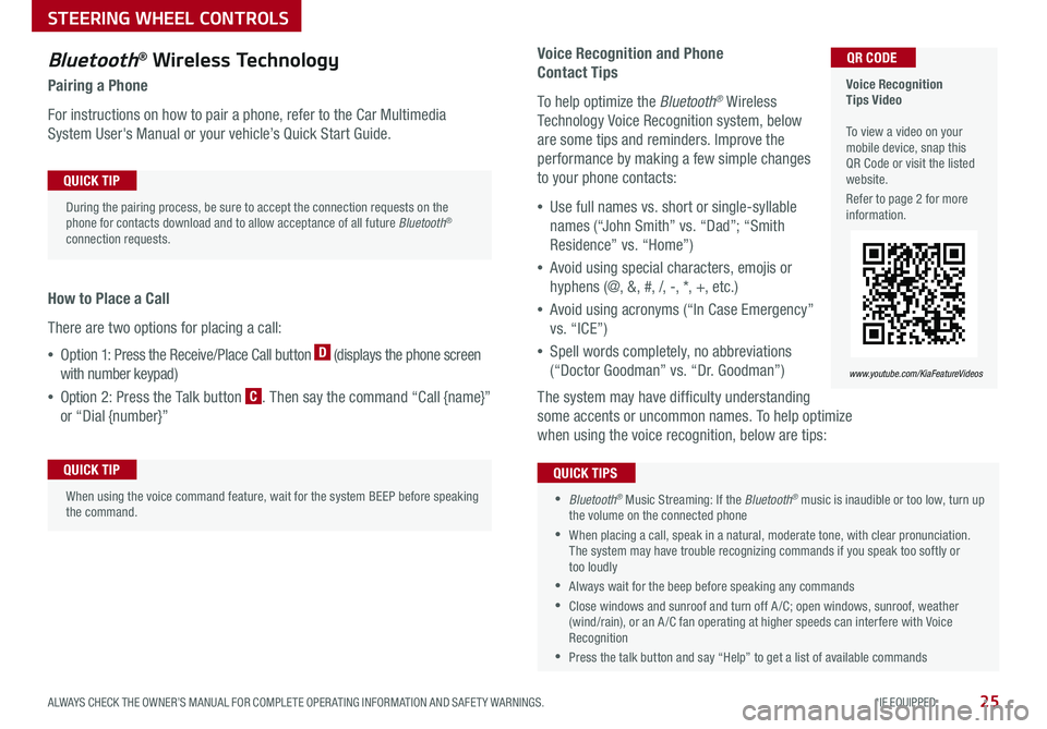 KIA OPTIMA HYBRID 2020 Features and Functions Guide 25ALWAYS CHECK THE OWNER’S MANUAL FOR COMPLETE OPER ATING INFORMATION AND SAFET Y WARNINGS . *IF EQUIPPED
Voice Recognition and Phone
Contact Tips
To help optimize the Bluetooth® Wireless
Techn KIA OPTIMA HYBRID 2020 Features and Functions Guide 25ALWAYS CHECK THE OWNER’S MANUAL FOR COMPLETE OPER ATING INFORMATION AND SAFET Y WARNINGS . *IF EQUIPPED
Voice Recognition and Phone
Contact Tips
To help optimize the Bluetooth® Wireless
Techn