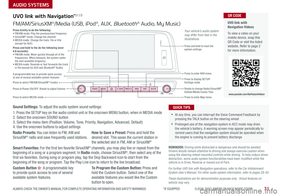 KIA OPTIMA HYBRID 2020  Features and Functions Guide PUSH
POWER FILE
TUNE ENTER
VOL
PASSENGER AIR BAG OFF PASSENGERRADIOMEDIA SEEKTRACK NAV
MAP SETUP
AUDIO SYSTEMS
UVO link with Navigation*†1,13
FM/AM/SiriusXM®/Media (USB, iPod®, AUX, Bluetooth® Au