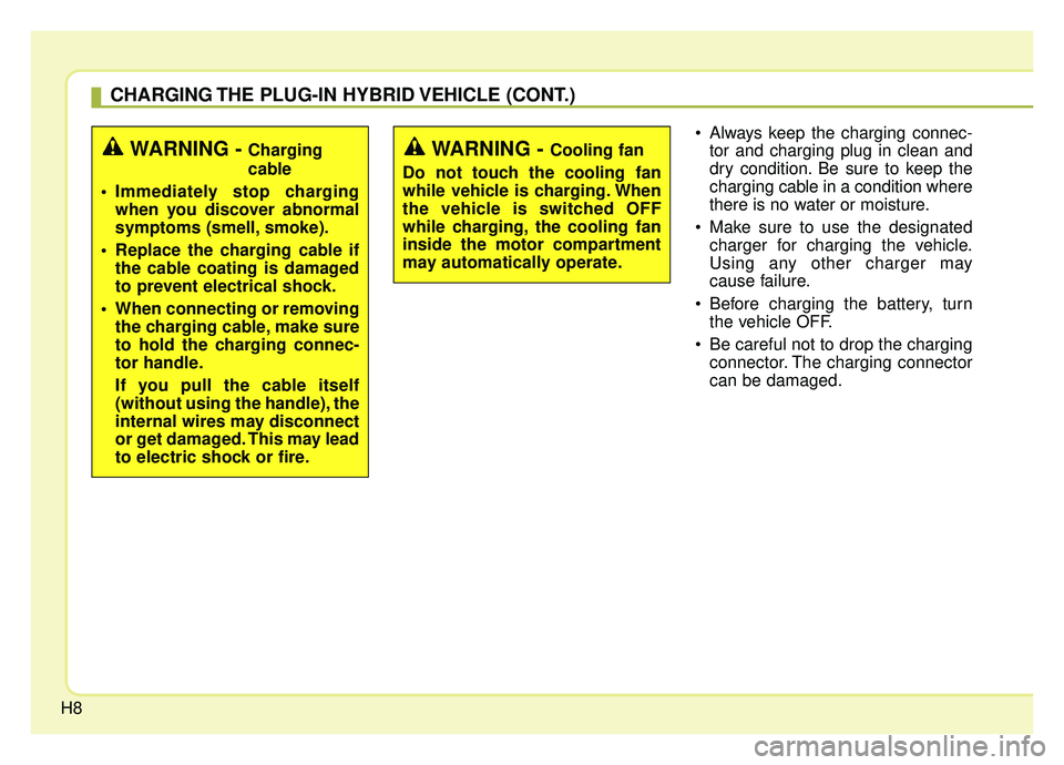 KIA OPTIMA HYBRID 2019 User Guide H8 Always keep the charging connec-
tor and charging plug in clean and
dry condition. Be sure to keep the
charging cable in a condition where
there is no water or moisture.
 Make sure to use the desig