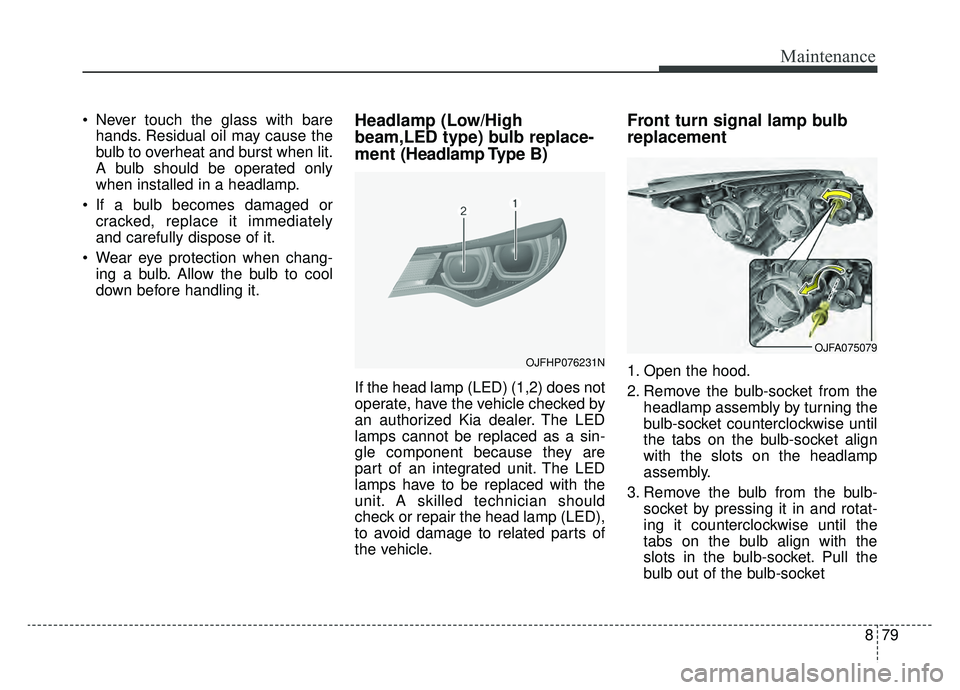 KIA OPTIMA HYBRID 2019 Owners Manual 879
Maintenance
Never touch the glass with barehands. Residual oil may cause the
bulb to overheat and burst when lit.
A bulb should be operated only
when installed in a headlamp.
If a bulb becomes d KIA OPTIMA HYBRID 2019 Owners Manual 879
Maintenance
Never touch the glass with barehands. Residual oil may cause the
bulb to overheat and burst when lit.
A bulb should be operated only
when installed in a headlamp.
If a bulb becomes d