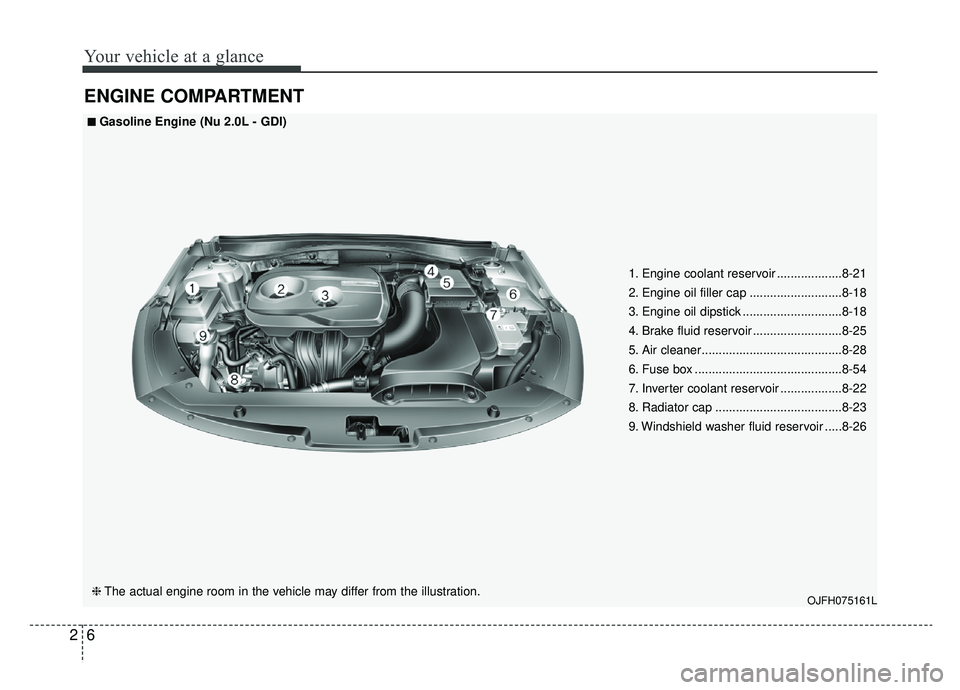 KIA OPTIMA HYBRID 2019  Owners Manual Your vehicle at a glance
62
ENGINE COMPARTMENT
OJFH075161L
■ ■
Gasoline Engine (Nu 2.0L - GDI)
❈ The actual engine room in the vehicle may differ from the illustration. 1. Engine coolant reservo