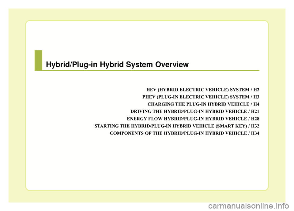 KIA OPTIMA HYBRID 2019  Owners Manual HEV (HYBRID ELECTRIC VEHICLE) SYSTEM / H2
PHEV (PLUG-IN ELECTRIC VEHICLE) SYSTEM / H3 CHARGING THE PLUG-IN HYBRID VEHICLE / H4
DRIVING THE HYBRID/PLUG-IN HYBRID VEHICLE / H21
ENERGY FLOW HYBRID/PLUG-I
