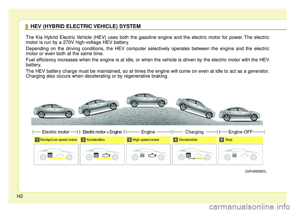KIA OPTIMA HYBRID 2019  Owners Manual H2
HEV (HYBRID ELECTRIC VEHICLE) SYSTEM
The Kia Hybrid Electric Vehicle (HEV) uses both the gasoline engine and the electric motor for power. The electric
motor is run by a 270V high-voltage HEV batte