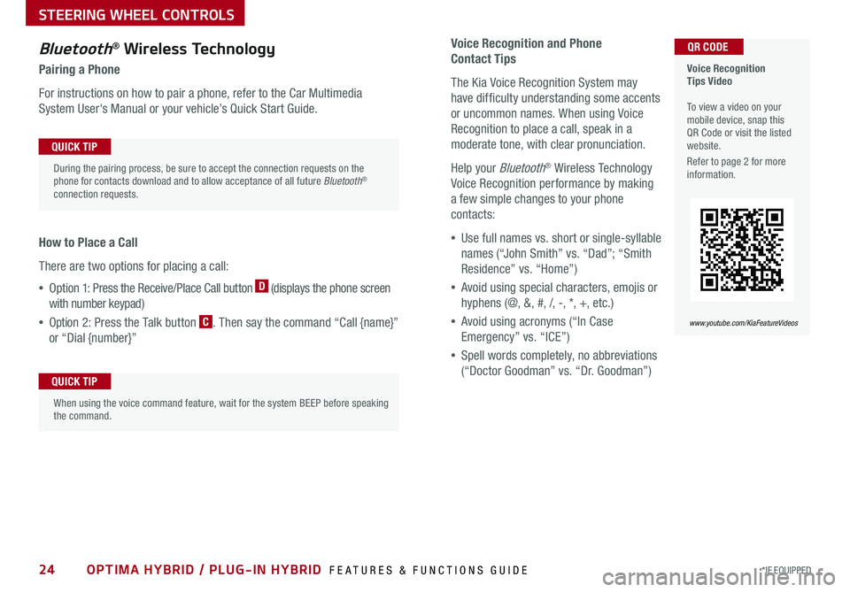 KIA OPTIMA HYBRID 2019 Features and Functions Guide 24*IF EQUIPPED OPTIMA HYBRID / PLUG-IN HYBRID FEATURES & FUNCTIONS GUIDE
Voice Recognition and Phone
Contact Tips
The Kia Voice Recognition System may
have difficulty understanding some accents
o KIA OPTIMA HYBRID 2019 Features and Functions Guide 24*IF EQUIPPED OPTIMA HYBRID / PLUG-IN HYBRID FEATURES & FUNCTIONS GUIDE
Voice Recognition and Phone
Contact Tips
The Kia Voice Recognition System may
have difficulty understanding some accents
o