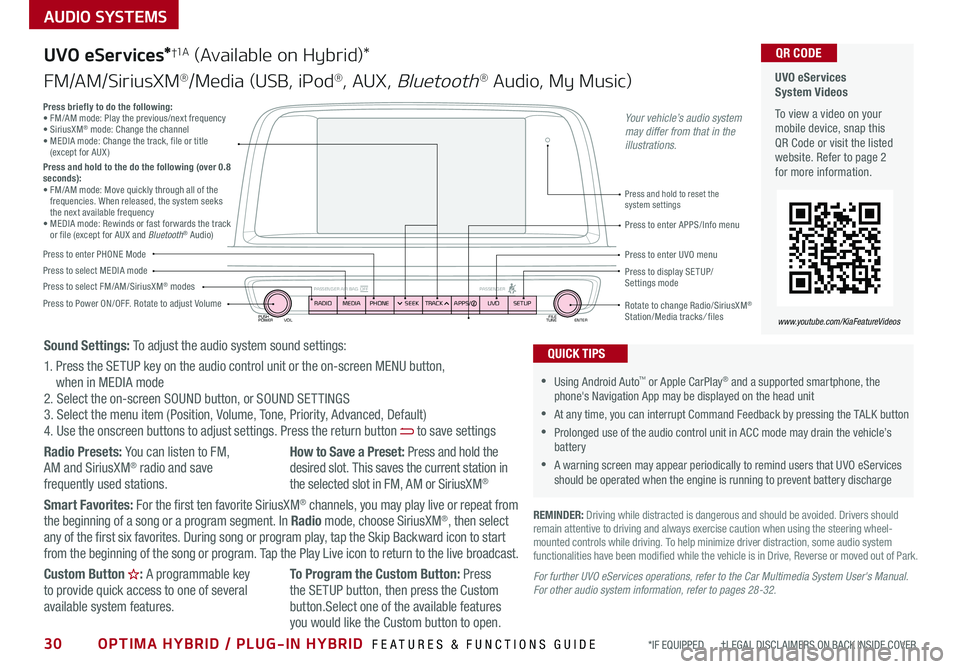 KIA OPTIMA HYBRID 2019 Features and Functions Guide 30OPTIMA HYBRID / PLUG-IN HYBRID FEATURES & FUNCTIONS GUIDE*IF EQUIPPED †LEGAL DISCL AIMERS ON BACK INSIDE COVER
AUDIO SYSTEMS
UVO eServices System Videos
To view a video on your mobile de KIA OPTIMA HYBRID 2019 Features and Functions Guide 30OPTIMA HYBRID / PLUG-IN HYBRID FEATURES & FUNCTIONS GUIDE*IF EQUIPPED †LEGAL DISCL AIMERS ON BACK INSIDE COVER
AUDIO SYSTEMS
UVO eServices System Videos
To view a video on your mobile de