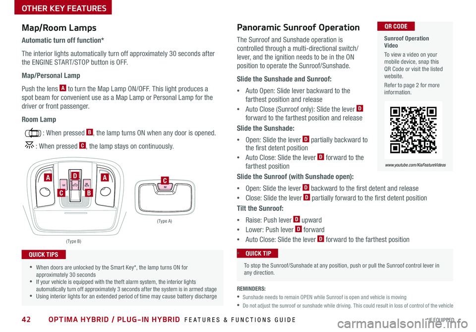 KIA OPTIMA HYBRID 2019 Features and Functions Guide 42OPTIMA HYBRID / PLUG-IN HYBRID FEATURES & FUNCTIONS GUIDE*IF EQUIPPED
Sunroof Operation Video
To view a video on your mobile device, snap this QR Code or visit the listed website .
Refer KIA OPTIMA HYBRID 2019 Features and Functions Guide 42OPTIMA HYBRID / PLUG-IN HYBRID FEATURES & FUNCTIONS GUIDE*IF EQUIPPED
Sunroof Operation Video
To view a video on your mobile device, snap this QR Code or visit the listed website .
Refer