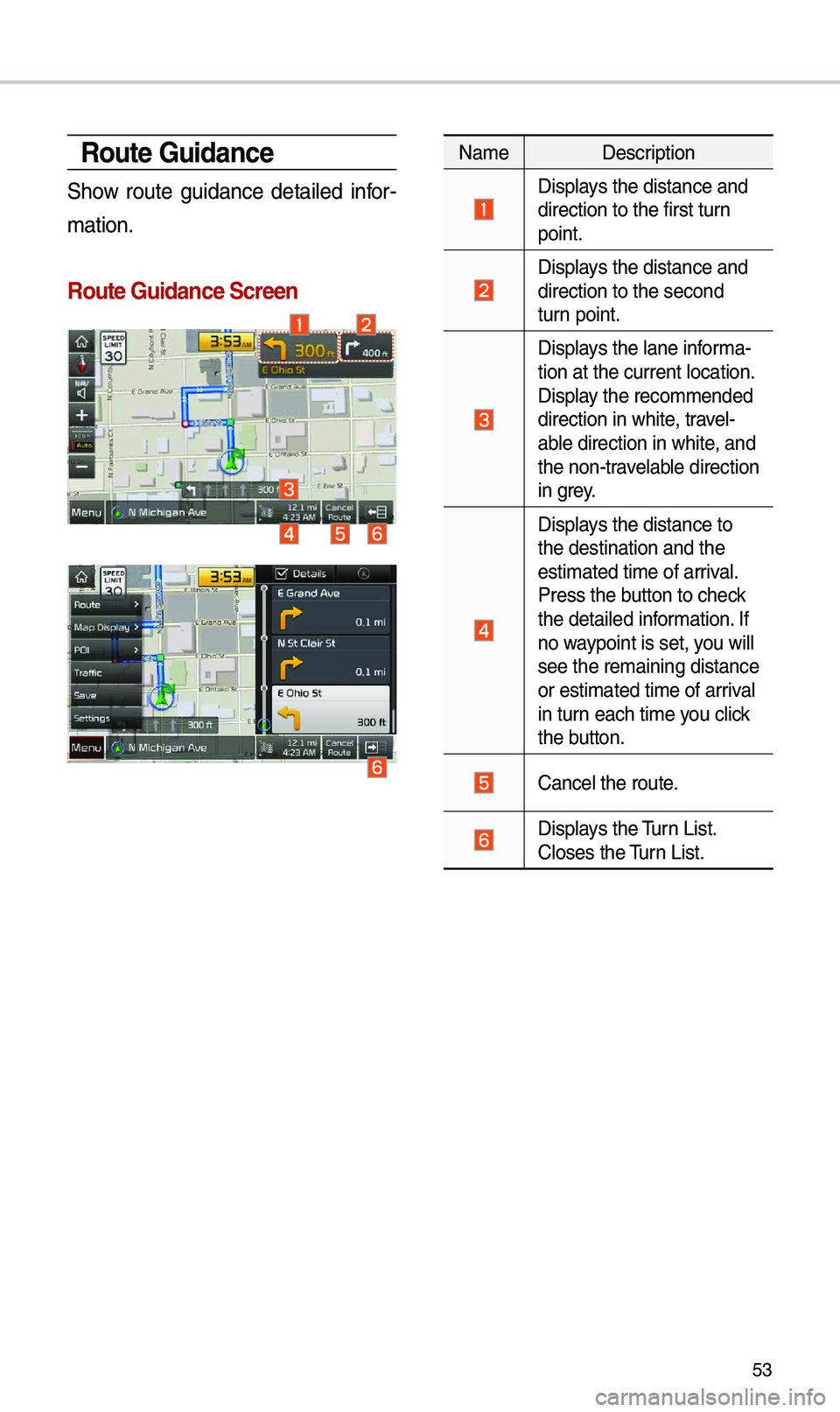 KIA OPTIMA HYBRID 2019  Navigation System Quick Reference Guide 53
Route Guidance
Show  route  guidance  detailed  infor-
\bation. 
Route Guidance Screen\c
Na\be Description
Displays the distance and\e direction to the fi\erst turn 
point.
Displays the distance an