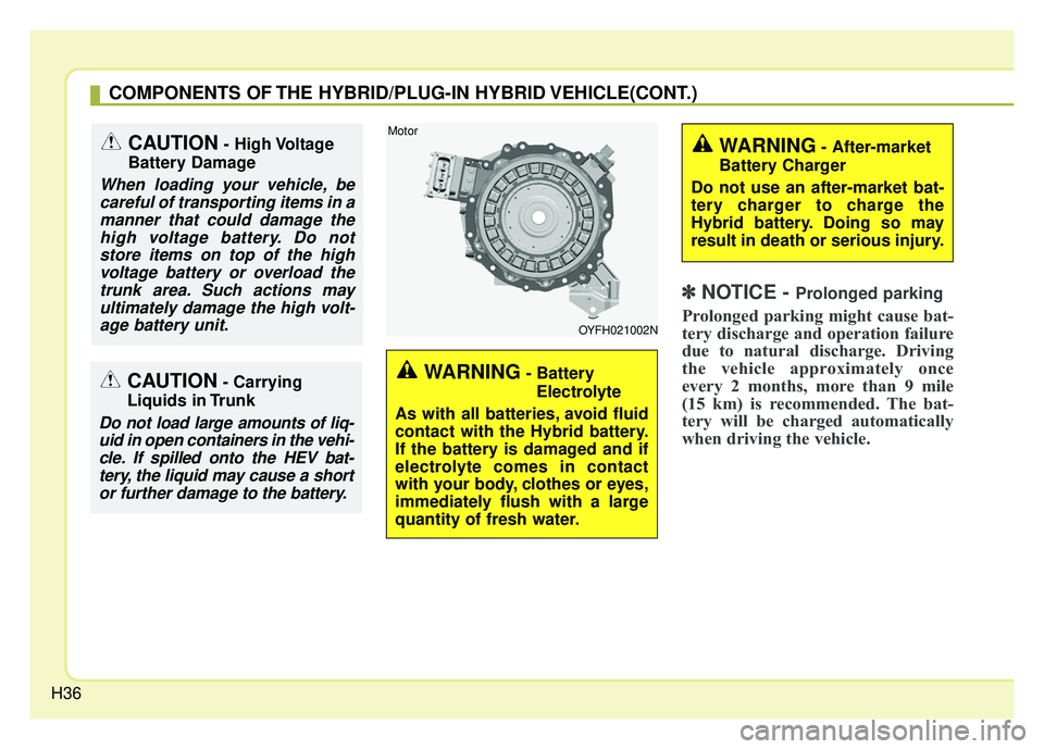 KIA OPTIMA HYBRID 2018 Service Manual H36
✽
✽NOTICE - Prolonged parking
Prolonged parking might cause bat-
tery discharge and operation failure
due to natural discharge. Driving
the vehicle approximately once
every 2 months, more than