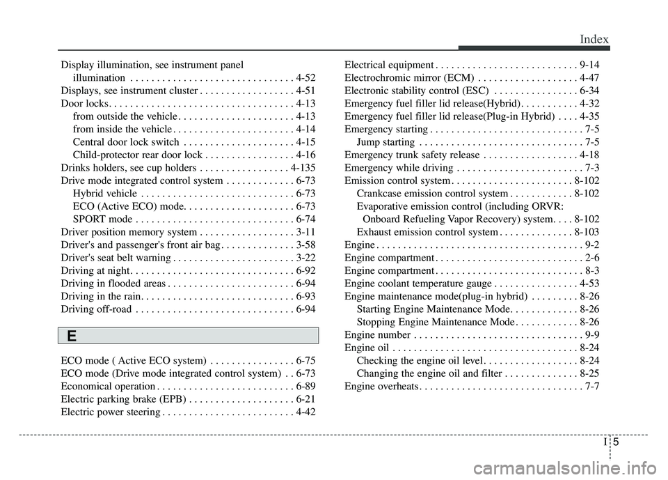 KIA OPTIMA HYBRID 2018 Owners Manual I5
Index
Display illumination, see instrument panelillumination . . . . . . . . . . . . . . . . . . . . . . . . . . . . . . . 4-52
Displays, see instrument cluster . . . . . . . . . . . . . . . . . . KIA OPTIMA HYBRID 2018 Owners Manual I5
Index
Display illumination, see instrument panelillumination . . . . . . . . . . . . . . . . . . . . . . . . . . . . . . . 4-52
Displays, see instrument cluster . . . . . . . . . . . . . . . . . .