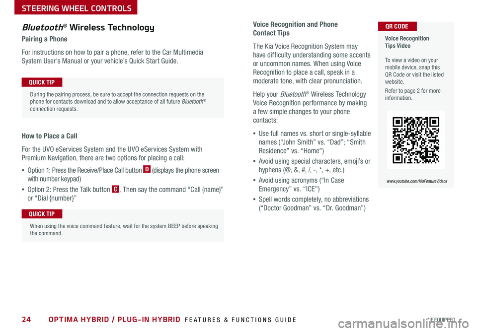 KIA OPTIMA HYBRID 2018 Features and Functions Guide 24*IF EQUIPPED OPTIMA HYBRID / PLUG-IN HYBRID FEATURES & FUNCTIONS GUIDE
Voice Recognition and Phone
Contact Tips
The Kia Voice Recognition System may
have difficulty understanding some accents
o KIA OPTIMA HYBRID 2018 Features and Functions Guide 24*IF EQUIPPED OPTIMA HYBRID / PLUG-IN HYBRID FEATURES & FUNCTIONS GUIDE
Voice Recognition and Phone
Contact Tips
The Kia Voice Recognition System may
have difficulty understanding some accents
o