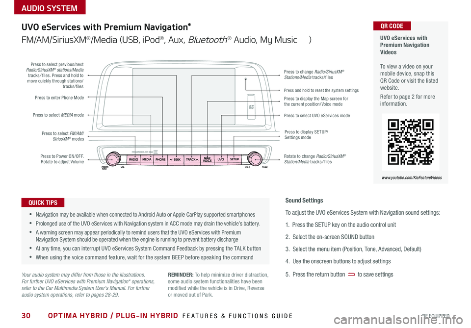 KIA OPTIMA HYBRID 2018 Features and Functions Guide 30*IF EQUIPPED
AUDIO SYSTEM
OPTIMA HYBRID / PLUG-IN HYBRID FEATURES & FUNCTIONS GUIDE
UVO eServices with Premium Navigation Videos To view a video on your mobile device, snap this QR Code or vis KIA OPTIMA HYBRID 2018 Features and Functions Guide 30*IF EQUIPPED
AUDIO SYSTEM
OPTIMA HYBRID / PLUG-IN HYBRID FEATURES & FUNCTIONS GUIDE
UVO eServices with Premium Navigation Videos To view a video on your mobile device, snap this QR Code or vis