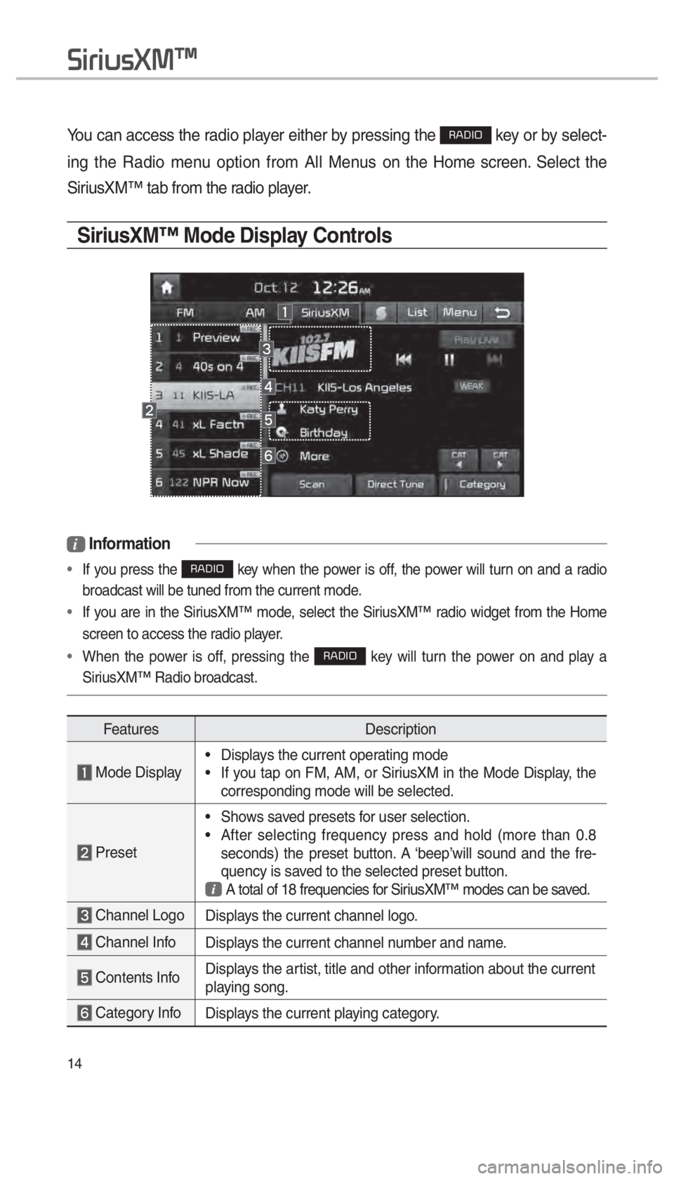 KIA OPTIMA HYBRID 2018  Navigation System Quick Reference Guide 14
You can access the radio player either by pressing the 003500240027002C0032 key or by select-
ing the Radio menu option from All Menus on  the Home screen. Select the 
SiriusXM™ tab from the radi