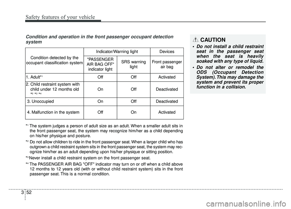 KIA OPTIMA HYBRID 2017 Owners Manual Safety features of your vehicle
52
3
Condition and operation in the front passenger occupant detection
system
*1The system judges a person of adult size as an adult. When a smaller adult sits in
the f KIA OPTIMA HYBRID 2017 Owners Manual Safety features of your vehicle
52
3
Condition and operation in the front passenger occupant detection
system
*1The system judges a person of adult size as an adult. When a smaller adult sits in
the f
