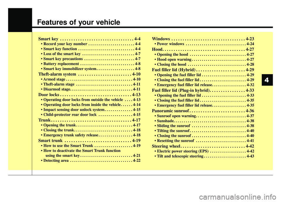 KIA OPTIMA HYBRID 2017  Owners Manual Features of your vehicle
Smart key . . . . . . . . . . . . . . . . . . . . . . . . . . . . . . . . . 4-4
• Record your key number . . . . . . . . . . . . . . . . . . . . . . . 4-4
 . . . . . . . . .