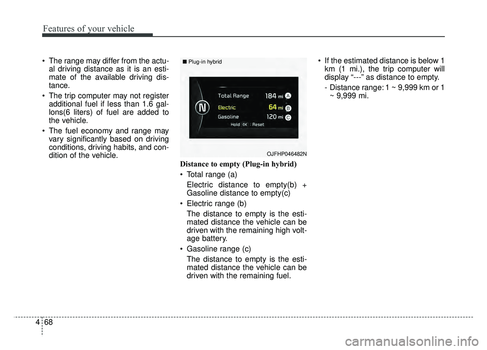 KIA OPTIMA HYBRID 2017  Owners Manual Features of your vehicle
68
4
 The range may differ from the actu-
al driving distance as it is an esti-
mate of the available driving dis-
tance.
 The trip computer may not register additional fuel i