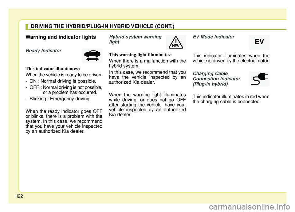 KIA OPTIMA HYBRID 2017 Owners Manual H22
Warning and indicator lights
Ready Indicator 
This indicator illuminates :
When the vehicle is ready to be driven.
- ON : Normal driving is possible.
- OFF : Normal driving is not possible,
or a p