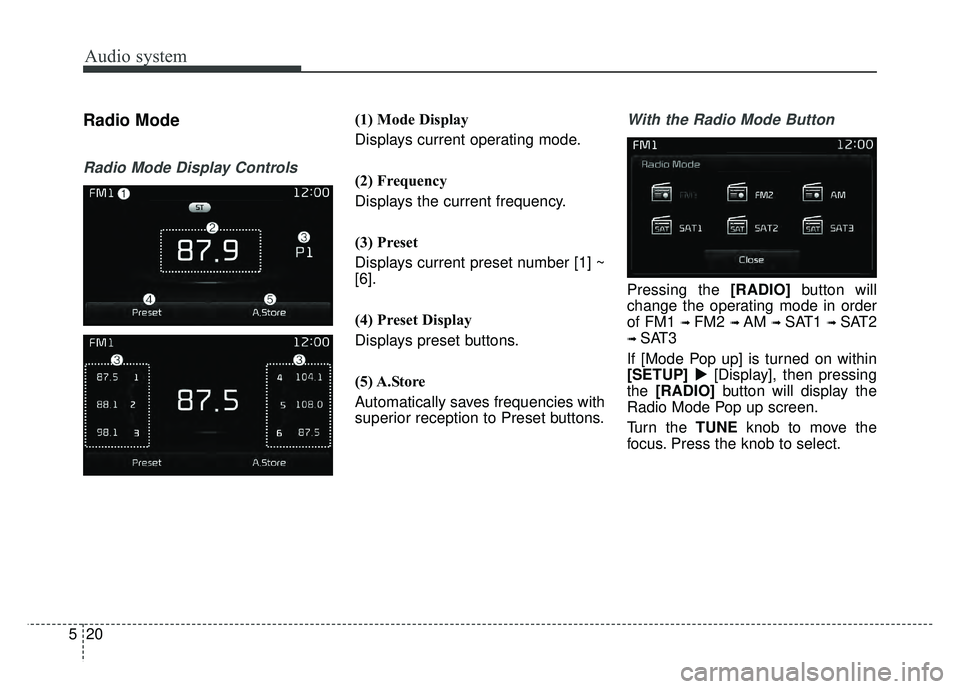 KIA OPTIMA HYBRID 2017  Owners Manual Audio system
20
5
Radio Mode
Radio Mode Display Controls
(1) Mode Display
Displays current operating mode.
(2) Frequency
Displays the current frequency.
(3) Preset
Displays current preset number [1] ~
