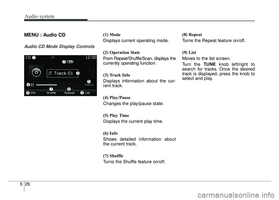 KIA OPTIMA HYBRID 2017 Owners Manual Audio system
26
5
MENU : Audio CD
Audio CD Mode Display Controls
(1) Mode
Displays current operating mode.
(2) Operation State
From Repeat/Shuffle/Scan, displays the
currently operating function.
(3) KIA OPTIMA HYBRID 2017 Owners Manual Audio system
26
5
MENU : Audio CD
Audio CD Mode Display Controls
(1) Mode
Displays current operating mode.
(2) Operation State
From Repeat/Shuffle/Scan, displays the
currently operating function.
(3)