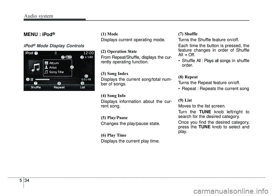 KIA OPTIMA HYBRID 2017  Owners Manual Audio system
34
5
MENU : iPod®
iPod®Mode Display Controls
(1) Mode
Displays current operating mode.
(2) Operation State
From Repeat/Shuffle, displays the cur-
rently operating function.
(3) Song Ind