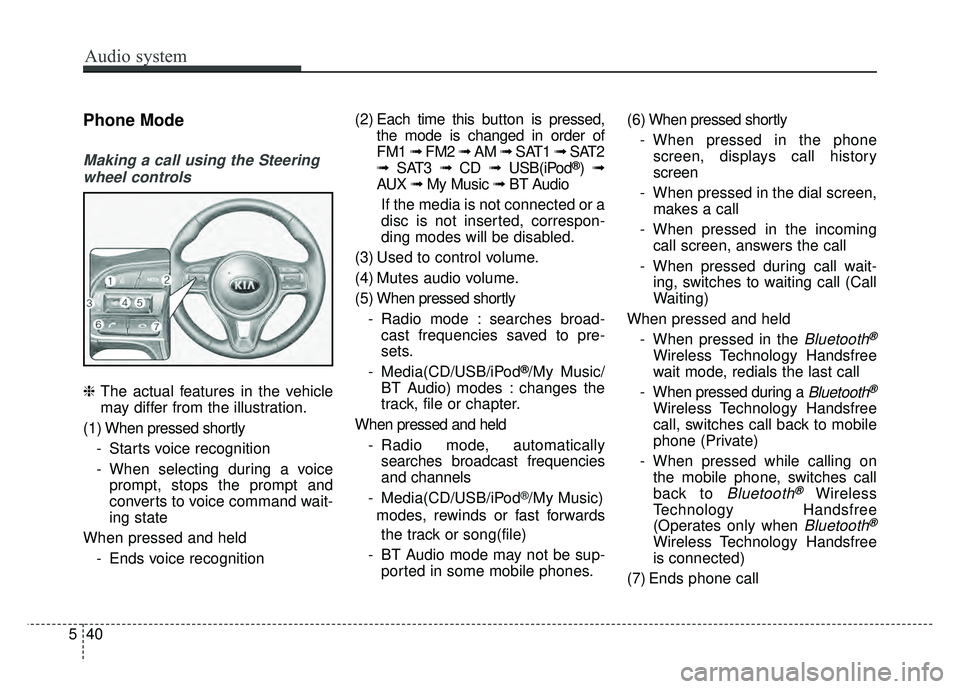KIA OPTIMA HYBRID 2017 Owners Manual Audio system
40
5
Phone Mode
Making a call using the Steering
wheel controls
❈ The actual features in the vehicle
may differ from the illustration.
(1) When pressed shortly - Starts voice recognitio KIA OPTIMA HYBRID 2017 Owners Manual Audio system
40
5
Phone Mode
Making a call using the Steering
wheel controls
❈ The actual features in the vehicle
may differ from the illustration.
(1) When pressed shortly - Starts voice recognitio
