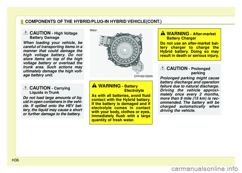 KIA OPTIMA HYBRID 2017 Service Manual H36
CAUTION- High Voltage
Battery Damage
When loading your vehicle, be careful of transporting items in amanner that could damage thehigh voltage battery. Do notstore items on top of the highvoltage KIA OPTIMA HYBRID 2017 Service Manual H36
CAUTION- High Voltage
Battery Damage
When loading your vehicle, be careful of transporting items in amanner that could damage thehigh voltage battery. Do notstore items on top of the highvoltage