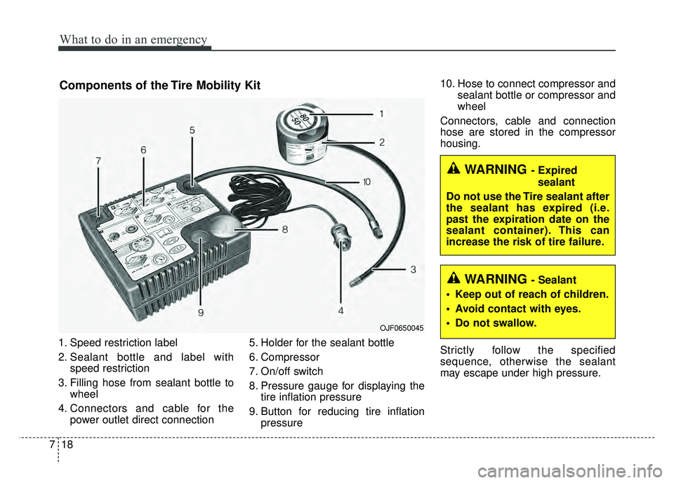KIA OPTIMA HYBRID 2017 Owners Manual What to do in an emergency
18
7
1. Speed restriction label
2. Sealant bottle and label with
speed restriction
3. Filling hose from sealant bottle to wheel
4. Connectors and cable for the power outlet KIA OPTIMA HYBRID 2017 Owners Manual What to do in an emergency
18
7
1. Speed restriction label
2. Sealant bottle and label with
speed restriction
3. Filling hose from sealant bottle to wheel
4. Connectors and cable for the power outlet