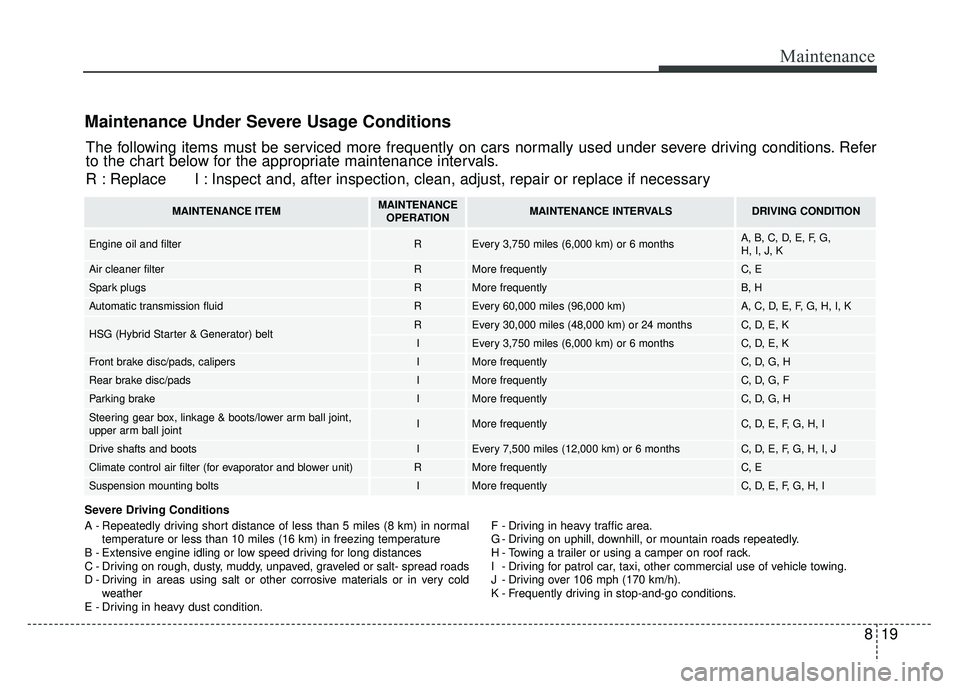 KIA OPTIMA HYBRID 2017 Owners Manual 819
Maintenance
Maintenance Under Severe Usage Conditions
Severe Driving Conditions
A - Repeatedly driving short distance of less than 5 miles (8 km) in normaltemperature or less than 10 miles (16 km) KIA OPTIMA HYBRID 2017 Owners Manual 819
Maintenance
Maintenance Under Severe Usage Conditions
Severe Driving Conditions
A - Repeatedly driving short distance of less than 5 miles (8 km) in normaltemperature or less than 10 miles (16 km)