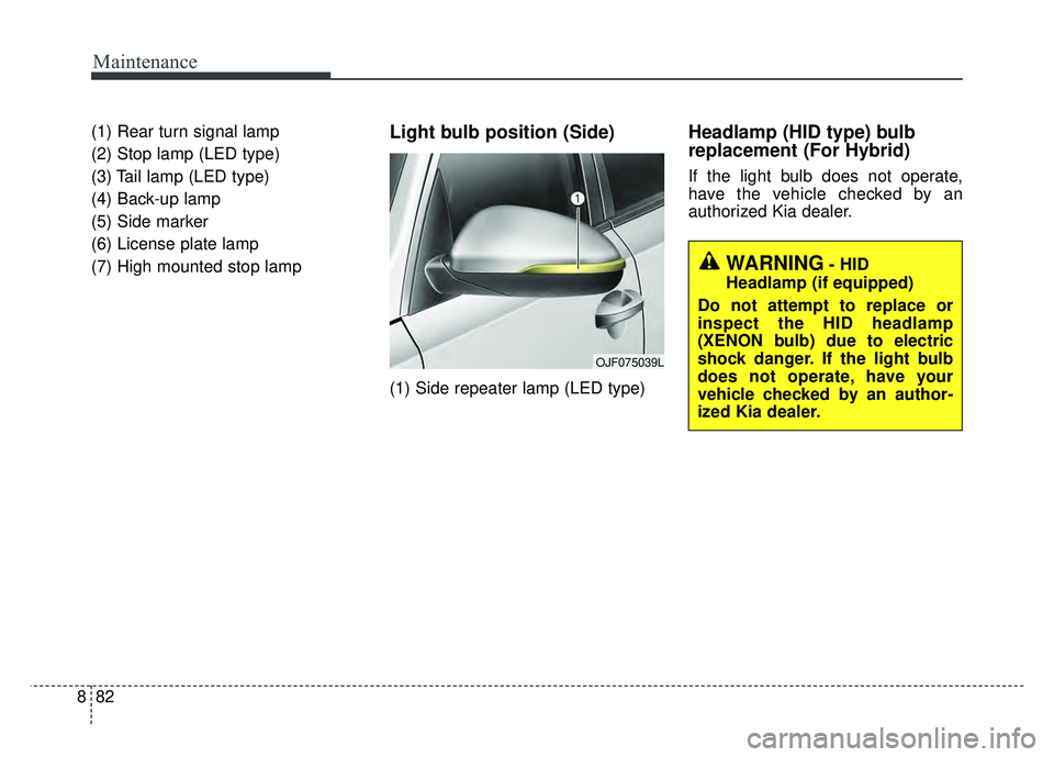 KIA OPTIMA HYBRID 2017 Owners Manual Maintenance
82
8
(1) Rear turn signal lamp
(2) Stop lamp (LED type)
(3) Tail lamp (LED type)
(4) Back-up lamp
(5) Side marker
(6) License plate lamp
(7) High mounted stop lampLight bulb position (Sid KIA OPTIMA HYBRID 2017 Owners Manual Maintenance
82
8
(1) Rear turn signal lamp
(2) Stop lamp (LED type)
(3) Tail lamp (LED type)
(4) Back-up lamp
(5) Side marker
(6) License plate lamp
(7) High mounted stop lampLight bulb position (Sid