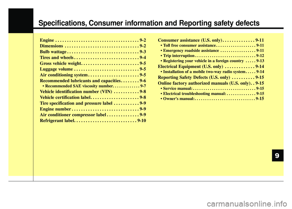 KIA OPTIMA HYBRID 2017 Owners Manual Specifications, Consumer information and Reporting safety defects
Engine . . . . . . . . . . . . . . . . . . . . . . . . . . . . . . . . . . . . \
9-2
Dimensions . . . . . . . . . . . . . . . . . . . KIA OPTIMA HYBRID 2017 Owners Manual Specifications, Consumer information and Reporting safety defects
Engine . . . . . . . . . . . . . . . . . . . . . . . . . . . . . . . . . . . . \
9-2
Dimensions . . . . . . . . . . . . . . . . . . .