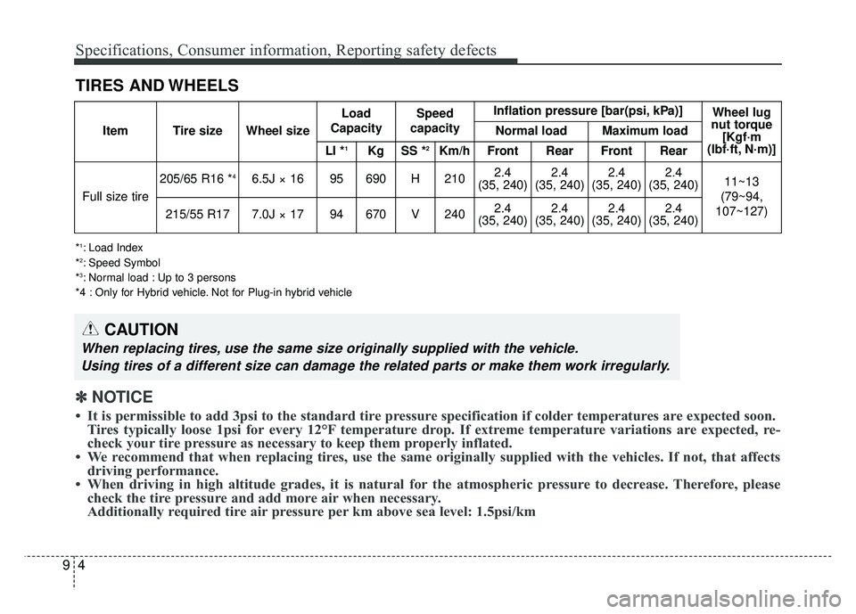 KIA OPTIMA HYBRID 2017 Owners Manual Specifications, Consumer information, Reporting safety defects
49
TIRES AND WHEELS
*1: Load Index
*2: Speed Symbol
*3: Normal load : Up to 3 persons
*4 : Only for Hybrid vehicle. Not for Plug-in hybri KIA OPTIMA HYBRID 2017 Owners Manual Specifications, Consumer information, Reporting safety defects
49
TIRES AND WHEELS
*1: Load Index
*2: Speed Symbol
*3: Normal load : Up to 3 persons
*4 : Only for Hybrid vehicle. Not for Plug-in hybri