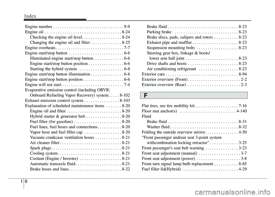 KIA OPTIMA HYBRID 2017 Owners Manual Index
6I
Engine number . . . . . . . . . . . . . . . . . . . . . . . . . . . . . . . . 9-9
Engine oil . . . . . . . . . . . . . . . . . . . . . . . . . . . . . . . . . . . 8-\
24Checking the engine oi KIA OPTIMA HYBRID 2017 Owners Manual Index
6I
Engine number . . . . . . . . . . . . . . . . . . . . . . . . . . . . . . . . 9-9
Engine oil . . . . . . . . . . . . . . . . . . . . . . . . . . . . . . . . . . . 8-\
24Checking the engine oi