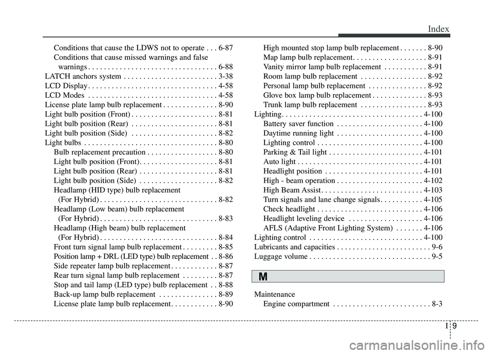 KIA OPTIMA HYBRID 2017 Owners Manual I9
Index
Conditions that cause the LDWS not to operate . . . 6-87
Conditions that cause missed warnings and falsewarnings . . . . . . . . . . . . . . . . . . . . . . . . . . . . . . . . . 6-88
LATCH a KIA OPTIMA HYBRID 2017 Owners Manual I9
Index
Conditions that cause the LDWS not to operate . . . 6-87
Conditions that cause missed warnings and falsewarnings . . . . . . . . . . . . . . . . . . . . . . . . . . . . . . . . . 6-88
LATCH a