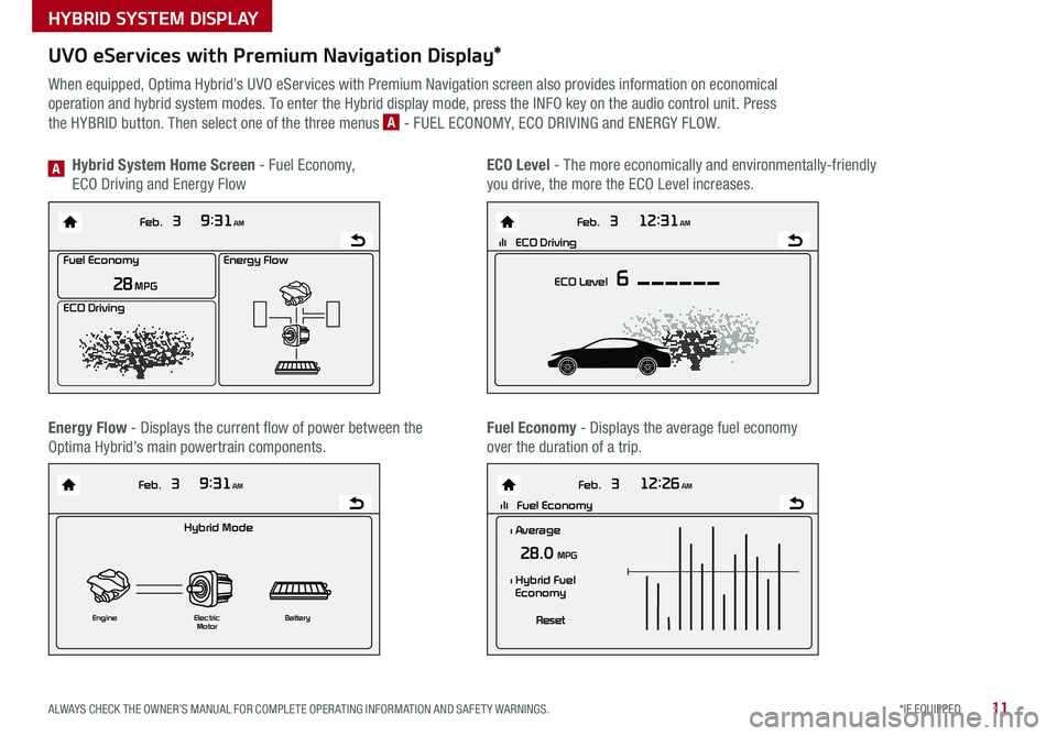 KIA OPTIMA HYBRID 2017 Features and Functions Guide 11*IF EQUIPPED ALWAYS CHECK THE OWNER’S MANUAL FOR COMPLETE OPER ATING INFORMATION AND SAFET Y WARNINGS .
UVO eServices with Premium Navigation Display*
When equipped, Optima Hybrid’s UVO eService KIA OPTIMA HYBRID 2017 Features and Functions Guide 11*IF EQUIPPED ALWAYS CHECK THE OWNER’S MANUAL FOR COMPLETE OPER ATING INFORMATION AND SAFET Y WARNINGS .
UVO eServices with Premium Navigation Display*
When equipped, Optima Hybrid’s UVO eService