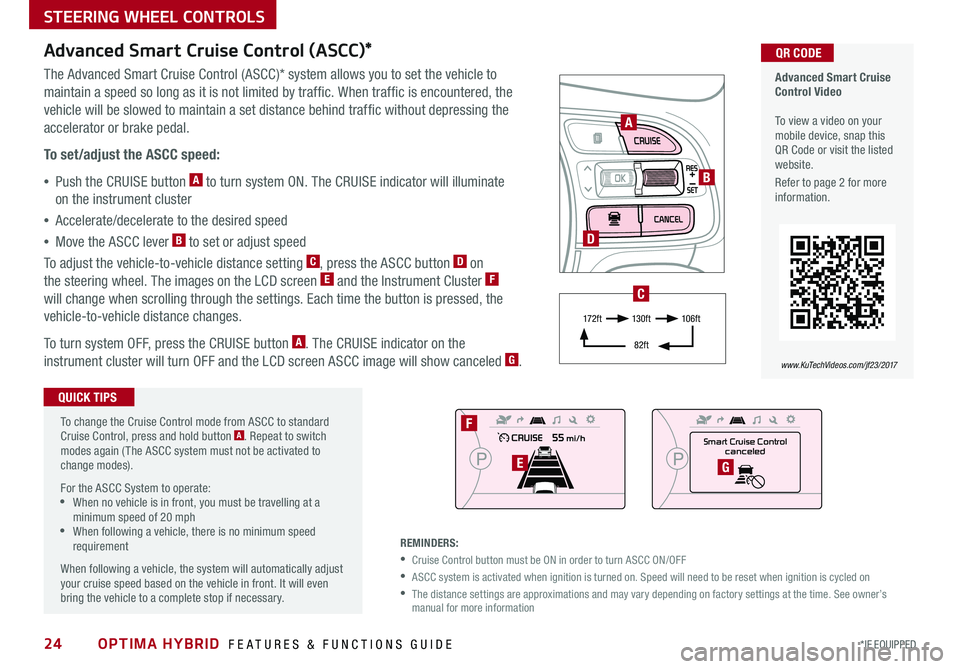 KIA OPTIMA HYBRID 2017  Features and Functions Guide OPTIMA HYBRID  FEATURES & FUNCTIONS GUIDE24*IF EQUIPPED 
STEERING WHEEL CONTROLS
  Advanced Smart Cruise Control Video   To view a video on your mobile device, snap this QR Code or visit the listed we