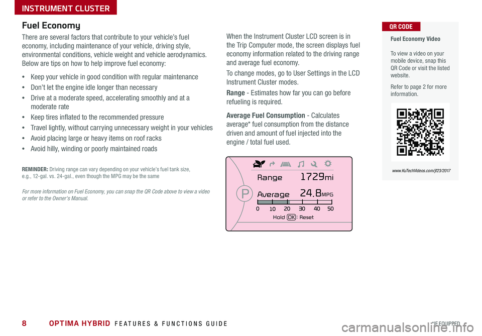 KIA OPTIMA HYBRID 2017  Features and Functions Guide OPTIMA HYBRID  FEATURES & FUNCTIONS GUIDE8*IF EQUIPPED 
  Fuel Economy Video   To view a video on your mobile device, snap this QR Code or visit the listed website .
Refer to page 2 for more informati