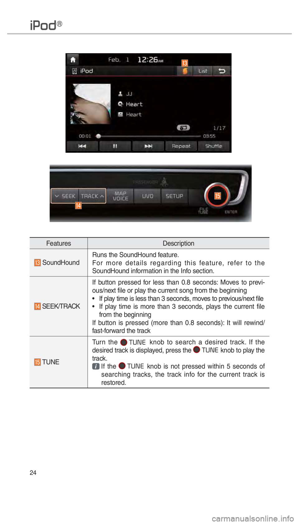 KIA OPTIMA HYBRID 2017  Navigation System Quick Reference Guide 24
FeaturesDescription
 SoundHoundRuns the SoundHound feature.
For more details regarding this feature, refer to the 
SoundHound information in the Info section.
 SEEK/TRACKIf button pressed for less 